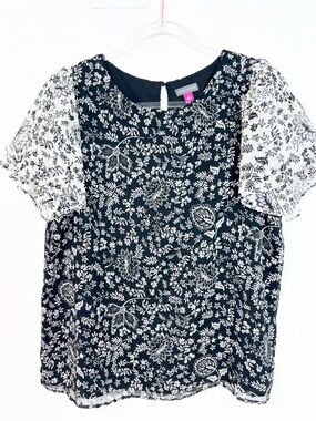 VINCE CAMUTO BLACK OFF-WHITE SHORT FLUTTER SLEEVE FLORAL PRINT BLOUSE SZ LARGE
